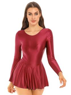 Aiihoo Damen Wetlook Minikleid Langarm Skaterkleid Glänzend Ballettbody Tanzkleid Trikot Sport Yoga Ballett Tanzbekleidung Dancewear Burgund XL von Aiihoo