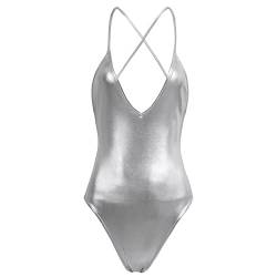 Aiihoo Damen Wetlook Ouvert Body Unterwäsche Glänzend Top Bodysuit Unterhemd V-Ausschnitt Stringbody Metallic Jumpsuit Clubwear A Silber S von Aiihoo