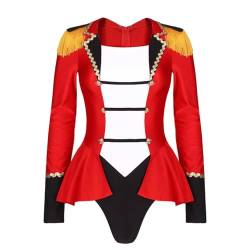 Aiihoo Damen Zirkus Kostüm Lackleder Bodysuit Langarm Pailletten Patchwork Body Trikot Catsuit Halloween Karneval Fasching Verkleidung Rot D XL von Aiihoo