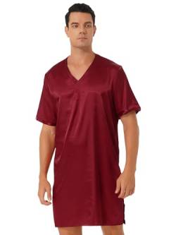 Aiihoo Herren Damen Kurz Schlafanzug Nachtwäsche Satin Kurzarm Nachthemd Einteiliger Schlafshirt Schlafkleid Pyjama Negligee Sleepwear Weinrot 4XL von Aiihoo