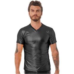 Aiihoo Herren Wetlook Shirt Leder Optik Glänzend T-Shirt Kurzarmshirt Hemd Slim Fit Unterhemd Muskelshirt Nachtclub Bar Outfits Schwarz 3XL von Aiihoo