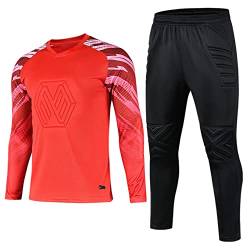 Aiihoo Jungen Torwarttrikot Gepolstert Fußballtrikot Langarm Sportshirt Und Sporthose Set Torwartbekleidung Sportanzug Rot 158-164 von Aiihoo