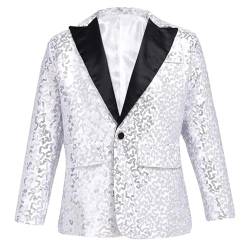 Aiihoo Kinder Jungen Sakko Glänzend Pailletten Langarm Blazer Slim Fit Smoking Jacke mit Reverskragen Hochzeit Geburtstag Anzugjacke Silber 134-140 von Aiihoo