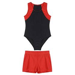 Aiihoo Kinder Jungen Turnanzug Sportlich Body mit Shorts Ärmellos Gymnastikanzug Tanzbody Fitness Yoga Trikot Sportbekleidung Rot 110-116 von Aiihoo