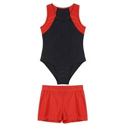 Aiihoo Kinder Jungen Turnanzug Sportlich Body mit Shorts Ärmellos Gymnastikanzug Tanzbody Fitness Yoga Trikot Sportbekleidung Rot 122-128 von Aiihoo