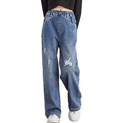 Aiihoo Mädchen Jeans Schlaghose Zerrissene Jeanshose Denim Pants Locker Weite Beine Hose Freizeithose Sweatpants Blau 122-128 von Aiihoo