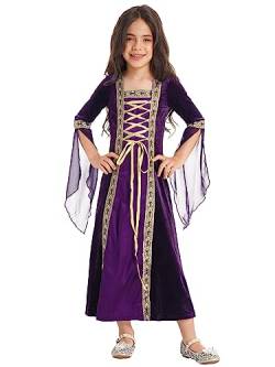 Aiihoo Mädchen Mittelalter Kleid Renaissance Prinzessin Kleider für Halloween Karneval Gothic Cosplay Partykleid mit Trompetenärmel Vintage Maxikleid Violett A 146-152 von Aiihoo