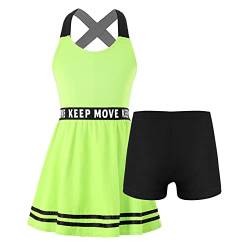 Aiihoo Mädchen Sport Kleidung Set Ärmellos Racerback Tennis Kleider Mit Shorts Fitness Workout Yoga Running Outfit Tennisanzug Sportanzug Leuchtendes Grün 122-128 von Aiihoo