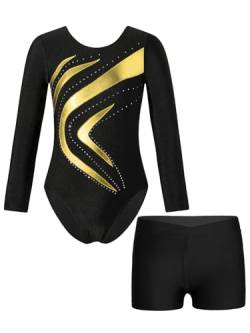 Aiihoo Mädchen Turnanzug Langarm Glänzende Tanzbody mit Strass und Shorts Tanzbody Trikotbody Tanzkleidung Tanz Gymnastik Trikots Tanzkostüm T Gold 134-140 von Aiihoo