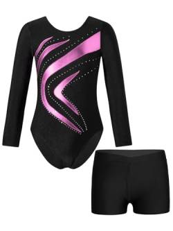 Aiihoo Mädchen Turnanzug Langarm Glänzende Tanzbody mit Strass und Shorts Tanzbody Trikotbody Tanzkleidung Tanz Gymnastik Trikots Tanzkostüm T Rosa 110-116 von Aiihoo