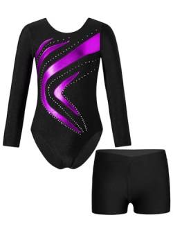 Aiihoo Mädchen Turnanzug Langarm Glänzende Tanzbody mit Strass und Shorts Tanzbody Trikotbody Tanzkleidung Tanz Gymnastik Trikots Tanzkostüm T Violett 134-140 von Aiihoo