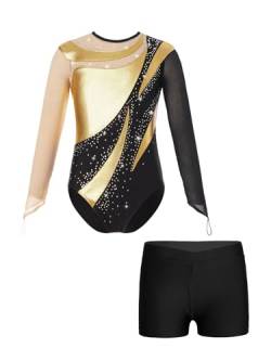 Aiihoo Mädchen Turnanzug Langarm Glänzende Tanzbody mit Strass und Shorts Tanzbody Trikotbody Tanzkleidung Tanz Gymnastik Trikots Tanzkostüm W Gold 146-152 von Aiihoo