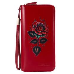 Aikirin Frauen Malerei Brieftasche Echtes Leder RFID Große Kapazität Reißverschluss Dame Kupplung Karten Halter Telefon Taschen, rot-rose, Einzigartig von Aikirin