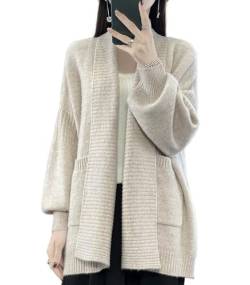 Ailaile Merinowolle Cardigan Pullover Damen Herbst Winter Dicke Warme Outwear Gestrickte Offene Front Mantel mit Taschen, Milch Kamel, Groß von Ailaile