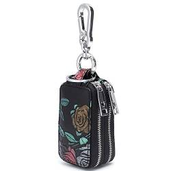 Aileder Schlüsseletui echtes Leder Doppelreißverschluss Auto-Schlüsselanhänger Schlüsseltasche handbemalte Blumen Schlüsselmäppchen für Damen von Aileder