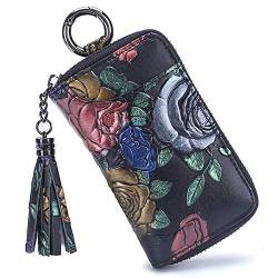 Schlüsselbörse für Damen aus Kunstleder mit 8 Schlüsselhaken, Kartenschlitzen, Quaste, Reißverschluss von Aileder