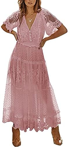 Ailovone Maxikleider Sommerkleid Damen Sommer Boho Blumen Kurzarm V-Ausschnitt Swing Midi Kleid Cocktailkleid Strandkleider Maxikleider mit Gürtel Damen Lose Elegant Casual A-Linie Kleid von Ailovone