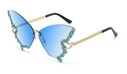 Ailovone Sonnenbrillen Schmetterlings Damen Randlose Sonnenbrille Kleines Gesicht Strass Bling Sonnenbrille Übergroßen Diamant Schmetterling Rahmenlose Sonnenbrille (Blau) von Ailovone