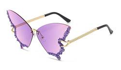 Ailovone Sonnenbrillen Schmetterlings Damen Randlose Sonnenbrille Kleines Gesicht Strass Bling Sonnenbrille Übergroßen Diamant Schmetterling Rahmenlose Sonnenbrille (Lila) von Ailovone