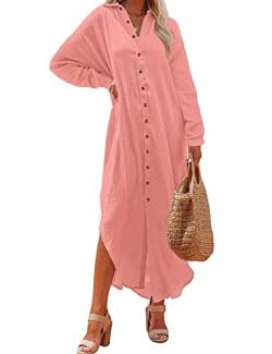 AILUNSNIKA Damen Button-Down-Shirt Langarm Kleid Lange Cardigan für Damen Cover Ups Hemdkleider, Pink, Einheitsgröße von Ailunsnika