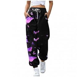 Ainiyo Jogginghose Damen Lang Freizeithose Sporthose Trainingshose Elegant Stoffhose Gefütterte Yogahose für Frauen Teenager Mädchen Damen Schmetterling Bedrucken Outdoor Taschen Sweatpant Streetwear von Ainiyo