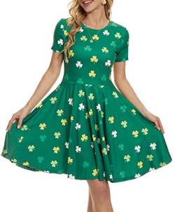 Ainuno St Patricks Day Kleider für Damen Kleeblattkleid Grün Irish Outfits Kurzarm Kleeblatt Kleid, Grüner Kleeblatt, S-M von Ainuno
