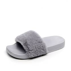 APIKA Damen Flip Flop Kunstpelz Slipper Fuzzy Fluffy Comfy Sliders Offene Zehe(38 EU grau) Die Größe ist zu klein. Es Wird empfohlen, Zwei Größen größer zu kaufen, als es angemessener wäre von AioTio