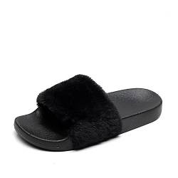 APIKA Damen Flip Flop Kunstpelz Slipper Fuzzy Fluffy Comfy Sliders Offene Zehe(38 EU schwarz) von AioTio