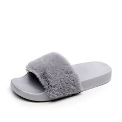 APIKA Damen Flip Flop Kunstpelz Slipper Fuzzy Fluffy Comfy Sliders Offene Zehe(41 EU grau) von AioTio