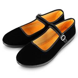 APIKA Frauen Velvet Mary Jane Schuhe Schwarz Baumwolle Old Peking Stoff Flache Schuhe Yoga Training Tanz Schuhe,Schwarz,36 EU von AioTio