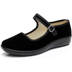 AioTio Samt Mary Jane Schuhe Damen Schwarz Ballerinas Damen Elegant Flache Schuhe Old Peking Stoff Schuhe Weicher Rutschfester Gummisohle Chinaschuhe mit Bequemem Baumwollfutter - 35 EU von AioTio