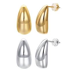 Airokiy 2 Paare 18K Drop Ohrringe Dupes, Chunky Gold/Silber Earrings für Damen, Leichte Tropfen Hohle Offene Ohrringe, Hypoallergene Vergoldete Ohrringe Schmuck für Frauen und Mädchen (28*14mm) von Airokiy