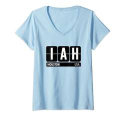 Damen IAH Houston Texas USA Reise-Souvenir weißer Text T-Shirt mit V-Ausschnitt von Airport Code Flip Board Tees