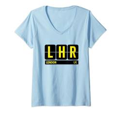 Damen LHR London England UK Reise-Souvenir, gelber Text T-Shirt mit V-Ausschnitt von Airport Code Flip Board Tees