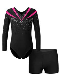 Aislor 2 Teiliger Gymnastikanzug Mädchen Glitzer Turnanzug Langarm Tanzbody mit Shorts Strass Tanzanzug Ballettkleidung Dancewear S Dunkel Rosa 134-140 von Aislor