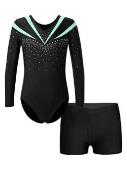 Aislor 2 Teiliger Gymnastikanzug Mädchen Glitzer Turnanzug Langarm Tanzbody mit Shorts Strass Tanzanzug Ballettkleidung Dancewear S Hellgrün 134-140 von Aislor