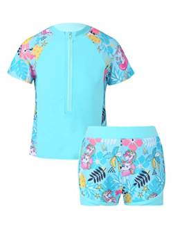 Aislor 2-teiliges Mädchen Tankini Badeanzug mit UV-Schutz und Blumendruck Badebekleidung Rollkragen Kurzarm Badeshirt + Badehose Sets Bademode T Blaues Cartoon-Pferd 134-140 von Aislor