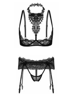 Aislor Damen Dessous Hebe BH Set Ouvert BH Brustfrei Bra Push Up Büstenhebe Sexy Open Cup Lingerie Straps Set mit Halter Perlen Ketten Strings S-5XL A Schwarz A XL von Aislor