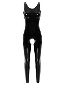 Aislor Damen Einteilig Body Wetlook Bodysuit Ouvert Catsuit Ärmellos Jumpsuit Lackleder Leotard Ganzkörperanzug Lingerie Clubwear Schwarz Ouvert M von Aislor