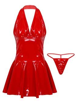 Aislor Damen Kunstleder Kleid Wetlook Kurz Minikleid PU Leder Neckholder Bodycon Kleid Rückenfrei Partykleid Clubwear Rot 4XL von Aislor