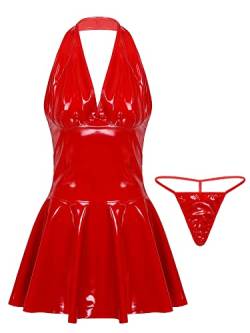 Aislor Damen Lack Leder Kleid Wetlook Minikleid Kurz PU Leder Neckholder Kleid Rückenfrei Partykleid Skater Rock Party Clubwear M-6XL Rot XXL von Aislor