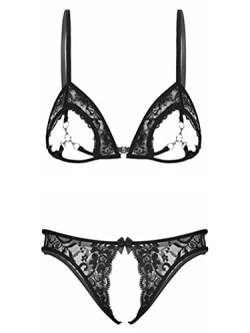 Aislor Damen Ouvert BH Hebe Brustfrei Dessous Set mit Nippel Covers Bügel Transparent Bra Push Up + Offener Schritt String Nippelfrei Lingerie A Schwarz M von Aislor