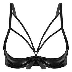 Aislor Damen Reizwäsche Lackleder BH Brustfrei Brustier Wetlook Bra Neckholder Oberteil Harness Kostüm Party Gogo Top Clubwear Dessous Z Schwarz A M von Aislor