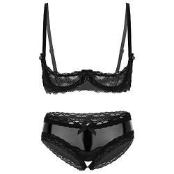 Aislor Damen Sexy Dessous Set Spitzen Ouvert BH Büstenhebe Offen Schritt String Slip Reizvolle Unterwäsche Erotische Reizwäsche Set Schwarz XXL von Aislor