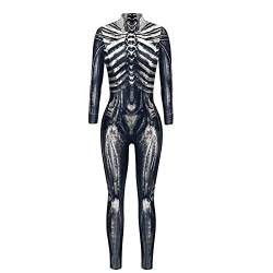 Aislor Damen Skelett Kostüm Jumpsuit Langarme Overall Skull Bodysuit mit Reißverschluss Halloween Karneval Verkleidung Mottoparties Outfit Grau XL von Aislor