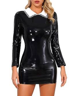 Aislor Damen Wetlook Kleid mit G-String PU Leder Minikleid Glänzend Lederkleid Rundhals Partykleid Bodycon Bleistiftkleid Party Clubwear Gogo Schwarz M von Aislor