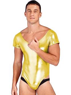 Aislor Herren Metallic Body Lackleder Bodysuit Kurzarm Gymnastikanzug Einteilig Unterwäsche Tanzbekleidung Badebekleidung Sportbody Gold XXL von Aislor