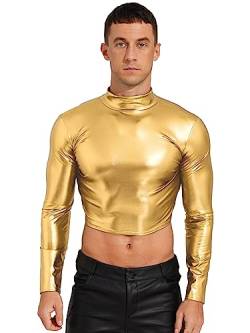 Aislor Herren Metallic Crop Top Glänzend T-Shirt Langarm Oberteil Party Club Outfits Tanz Kostüm Clubwear Bauchfrei Unterhemden Gold XXL von Aislor