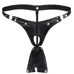 Aislor Herren Wetlook Ouvert Slip Kunstleder String Tanga Jockstrap Leder Loch Shorts mit Nieten Unterwäsche Reizwäsche Schwarz L von Aislor