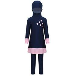 Aislor Islamische Badebekleidung für Mädchen Burkini Kinder Full-Cover Muslimische Badeanzug Langarm Badekleid mit Kapuze Badehose Lang Swimwear Marine Blau 128-140 von Aislor